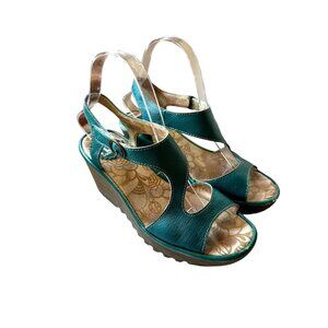 Fly London Green Leather Slingback Wedge Sandals Size 36 (US 5–5.5)